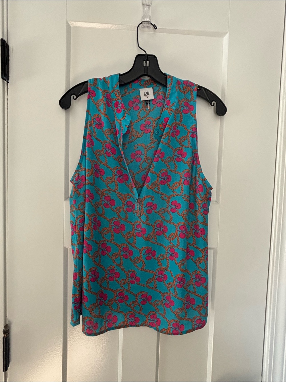 CAbi Turquoise Floral V-Neck Sleeveless with Pink Accents Tempo Top 6628
